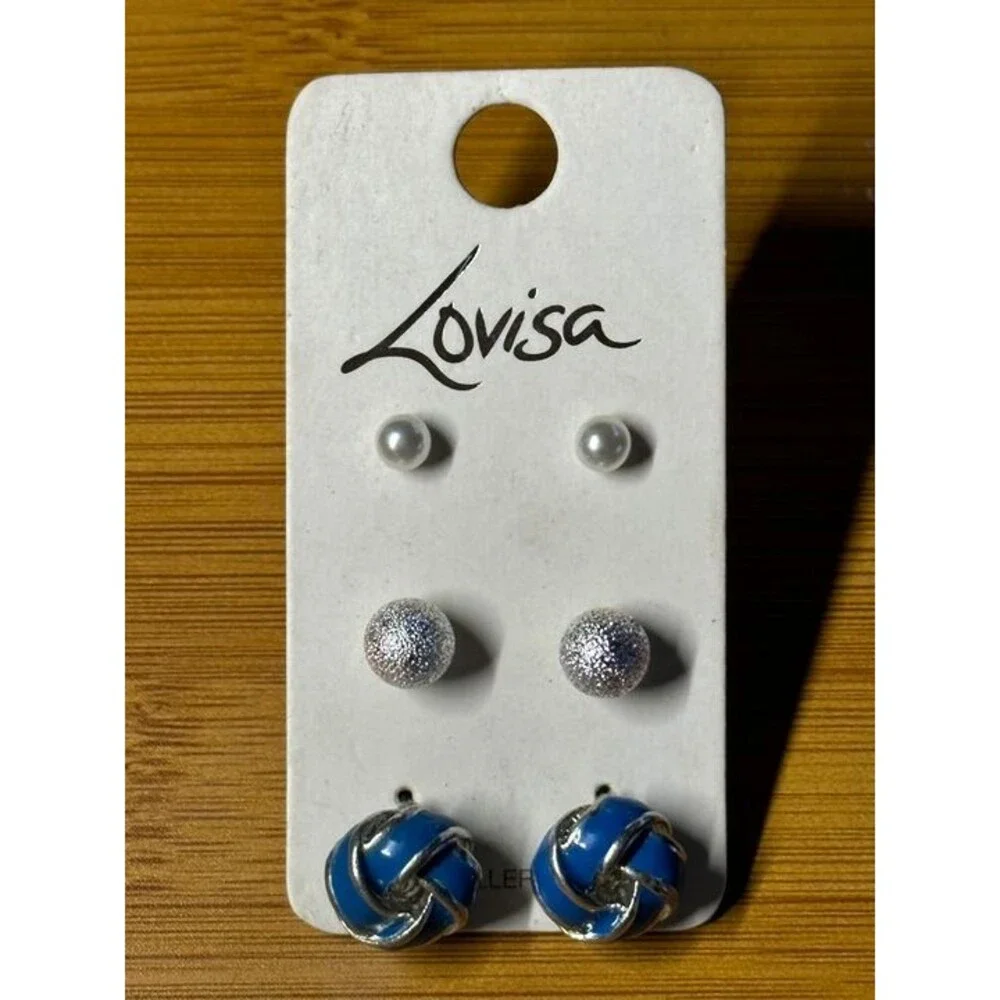 Lovisa 3 Pair Stud Earring Set Pearl Glitter Ball Knot Silver Tone Style New